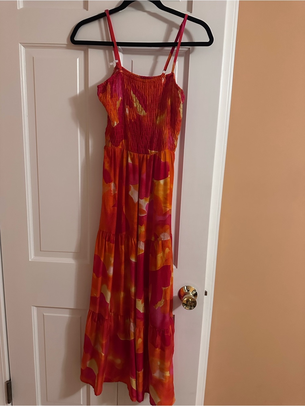 Smocked Spaghetti-Strap Maxi Dress in Pink & Orange